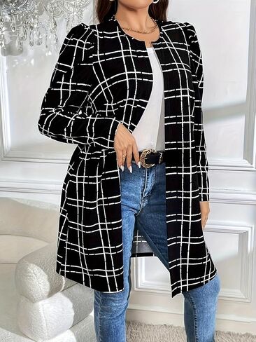 Womens Long Sleeve Open Front Coat Plus Size Checkered Print Fall Casual Office Vacation Long Cardigan in Saudi Arabia