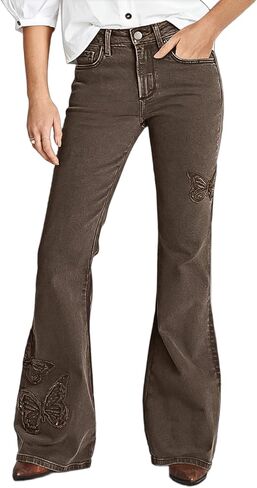 Flamingals Flare Mid Waist Pants for Women Butterfly Embroidered Pants with Pockets in Kuwait