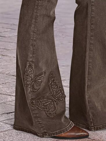 Flamingals Flare Mid Waist Pants for Women Butterfly Embroidered Pants with Pockets in Saudi Arabia