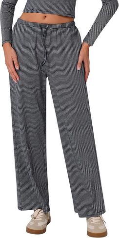ABOCIW Women's Cotton Striped Wide Leg Pants Casual Drawstring Elastic Low Rise Loung Pants Pajama Trousers in Saudi Arabia