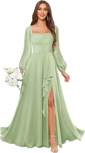 Mmufk Chiffon Long Sleeve Bridesmaid Dresses for Women Long Square Neck Ruffle Formal Evening Dress with Slit in Saudi Arabia