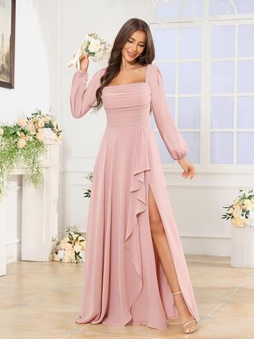 Mmufk Chiffon Long Sleeve Bridesmaid Dresses for Women Long Square Neck Ruffle Formal Evening Dress with Slit in Saudi Arabia