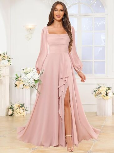 Mmufk Chiffon Long Sleeve Bridesmaid Dresses for Women Long Square Neck Ruffle Formal Evening Dress with Slit in Saudi Arabia