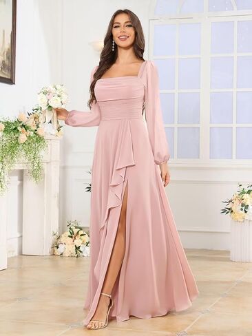 Mmufk Chiffon Long Sleeve Bridesmaid Dresses for Women Long Square Neck Ruffle Formal Evening Dress with Slit in Saudi Arabia