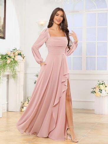 Mmufk Chiffon Long Sleeve Bridesmaid Dresses for Women Long Square Neck Ruffle Formal Evening Dress with Slit in Saudi Arabia