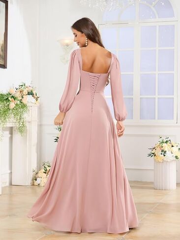 Mmufk Chiffon Long Sleeve Bridesmaid Dresses for Women Long Square Neck Ruffle Formal Evening Dress with Slit in Saudi Arabia