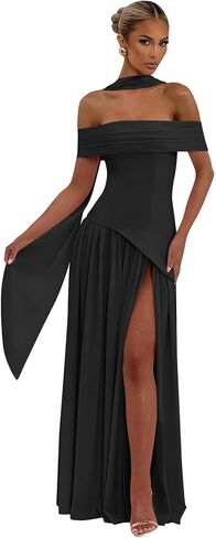 فساتين وصيفة العروس مكشوفة الكتف من TXDBB للنساء مع فتحة وشاح ومطويات من الشيفون على شكل حرف A فستان رسمي طويل in Kuwait