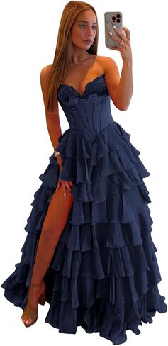 Dbnuf Tiered Corset Prom Dresses for Women with Bow 2026 Strapless Ruffle Chiffon Formal Party Dress with Slit in Saudi Arabia