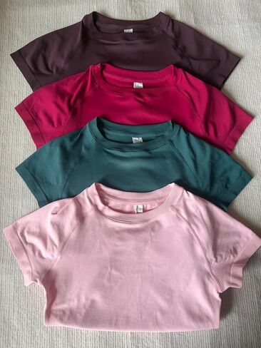 Short Sleeve Workout Tops for Women, Cropped Workout Shirts Slim Fit Crew Neck Seamless Athletic Gym T-Shirts in Saudi Arabia