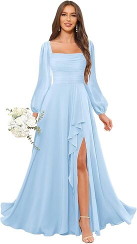 Mmufk Chiffon Long Sleeve Bridesmaid Dresses for Women Long Square Neck Ruffle Formal Evening Dress with Slit in Saudi Arabia