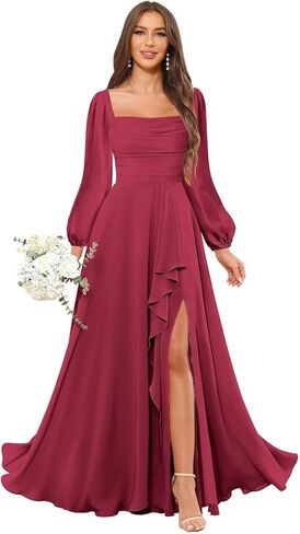 Mmufk Chiffon Long Sleeve Bridesmaid Dresses for Women Long Square Neck Ruffle Formal Evening Dress with Slit in Saudi Arabia