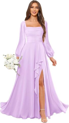 Mmufk Chiffon Long Sleeve Bridesmaid Dresses for Women Long Square Neck Ruffle Formal Evening Dress with Slit in Saudi Arabia