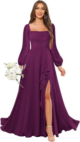 Mmufk Chiffon Long Sleeve Bridesmaid Dresses for Women Long Square Neck Ruffle Formal Evening Dress with Slit in Saudi Arabia