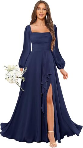 Mmufk Chiffon Long Sleeve Bridesmaid Dresses for Women Long Square Neck Ruffle Formal Evening Dress with Slit in Saudi Arabia