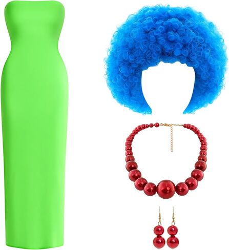 Mepase 4 Pcs Cartoon Mardi Gras Costumes Accessories Set Blue Wig Dress String Necklace Earring Cartoon Character for Women in Saudi Arabia