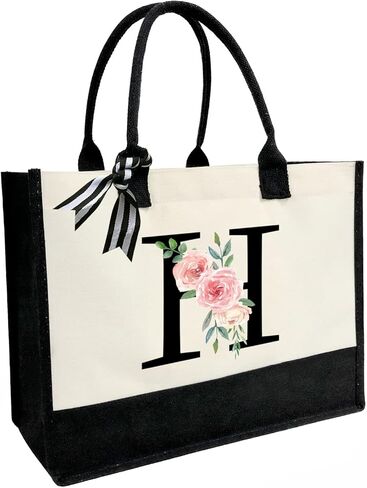 Canvas Tote Bag with Printed letter, Personalized Gifts for Women Mom Friends Teachers, Premium Beach Bags with Zipper in Saudi Arabia