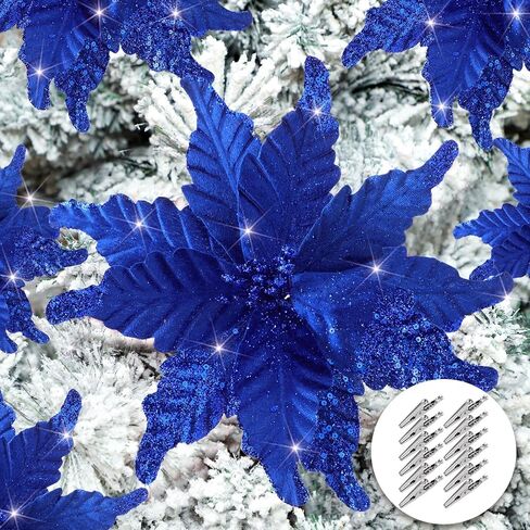 Yuxung 12 Pcs Christmas Glitter Fabric Poinsettia 10 Inch Artificial Xmas Flower with Clips Large Head Christmas Tree Ornaments Faux Xmas Flower with Stems for Wedding Party(Red) in Saudi Arabia