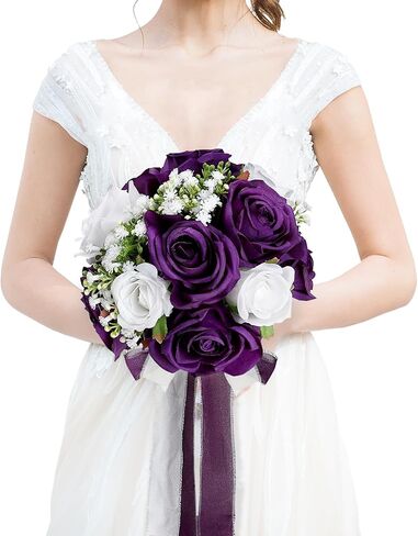DIYDOFUN Wedding Bouquet for Bride - Premade Simple Artificial Roses Flowers for Bridal Shower Destination Ceremony Anniversary Decorations (Burgundy & Dusty Pink) in Saudi Arabia
