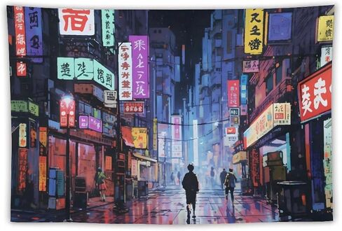 Japanese Anime Art Bustling Night Market Street Scene Tapestry Wall Hanging Curtain Decor Bedroom Home Living Room Wall Art Tapestries 40"x60" in Saudi Arabia