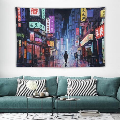 Japanese Anime Art Bustling Night Market Street Scene Tapestry Wall Hanging Curtain Decor Bedroom Home Living Room Wall Art Tapestries 40"x60" in Saudi Arabia