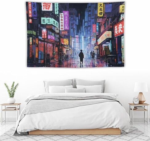 Japanese Anime Art Bustling Night Market Street Scene Tapestry Wall Hanging Curtain Decor Bedroom Home Living Room Wall Art Tapestries 40"x60" in Saudi Arabia