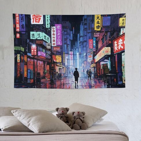 Japanese Anime Art Bustling Night Market Street Scene Tapestry Wall Hanging Curtain Decor Bedroom Home Living Room Wall Art Tapestries 40"x60" in Saudi Arabia