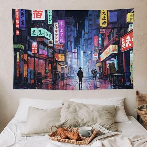 Japanese Anime Art Bustling Night Market Street Scene Tapestry Wall Hanging Curtain Decor Bedroom Home Living Room Wall Art Tapestries 40"x60" in Saudi Arabia