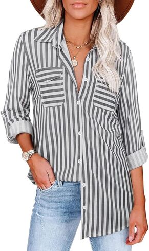 Womens Striped Button Down Shirt Roll-up Long Sleeve Fall Blouses Collared Tops Casual in Saudi Arabia