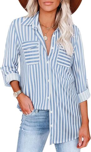 Womens Striped Button Down Shirt Roll-up Long Sleeve Fall Blouses Collared Tops Casual in Saudi Arabia