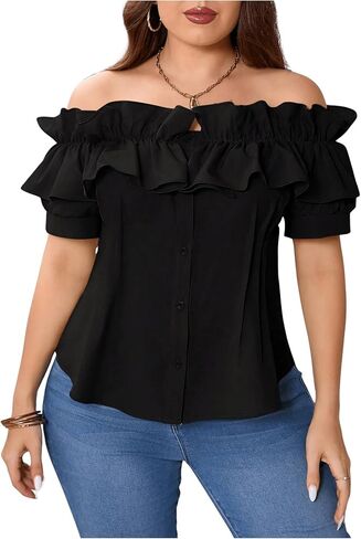 MakeMeChic Women's Plus Size Blouse Off The Shoulder Short Sleeve Ruffle Button Down Shirt in Saudi Arabia