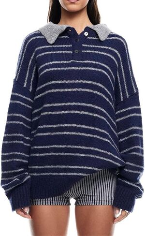 Women Striped Rugby Sweater Y2k Lapel Polo V Neck Long Sleeve Stripes Knit Pullover Tops Vintage Oversized Jumper in Saudi Arabia
