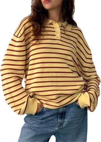 Women Striped Rugby Sweater Y2k Lapel Polo V Neck Long Sleeve Stripes Knit Pullover Tops Vintage Oversized Jumper in Saudi Arabia