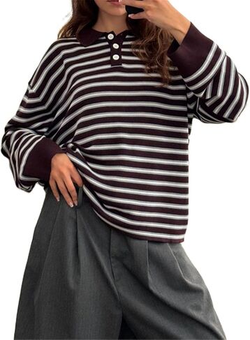 Women Striped Rugby Sweater Y2k Lapel Polo V Neck Long Sleeve Stripes Knit Pullover Tops Vintage Oversized Jumper in Saudi Arabia