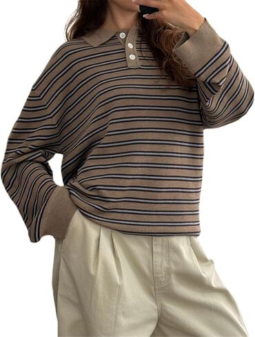 Women Striped Rugby Sweater Y2k Lapel Polo V Neck Long Sleeve Stripes Knit Pullover Tops Vintage Oversized Jumper in Saudi Arabia