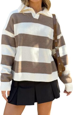 Women Striped Rugby Sweater Y2k Lapel Polo V Neck Long Sleeve Stripes Knit Pullover Tops Vintage Oversized Jumper in Saudi Arabia