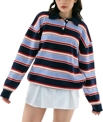 Women Striped Rugby Sweater Y2k Lapel Polo V Neck Long Sleeve Stripes Knit Pullover Tops Vintage Oversized Jumper in Saudi Arabia