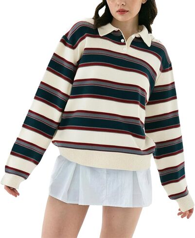 Women Striped Rugby Sweater Y2k Lapel Polo V Neck Long Sleeve Stripes Knit Pullover Tops Vintage Oversized Jumper in Saudi Arabia