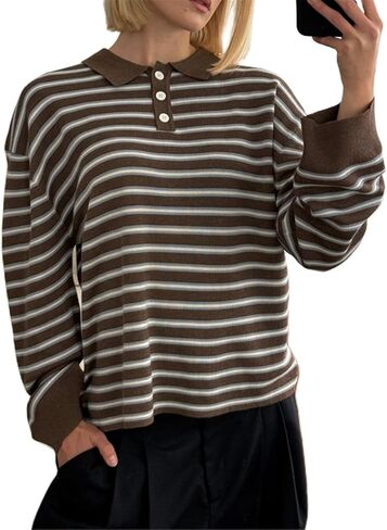 Women Striped Rugby Sweater Y2k Lapel Polo V Neck Long Sleeve Stripes Knit Pullover Tops Vintage Oversized Jumper in Saudi Arabia