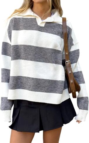 Women Striped Rugby Sweater Y2k Lapel Polo V Neck Long Sleeve Stripes Knit Pullover Tops Vintage Oversized Jumper in Saudi Arabia