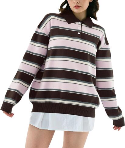 Women Striped Rugby Sweater Y2k Lapel Polo V Neck Long Sleeve Stripes Knit Pullover Tops Vintage Oversized Jumper in Saudi Arabia