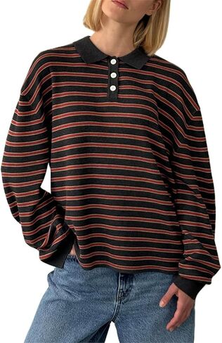 Women Striped Rugby Sweater Y2k Lapel Polo V Neck Long Sleeve Stripes Knit Pullover Tops Vintage Oversized Jumper in Saudi Arabia