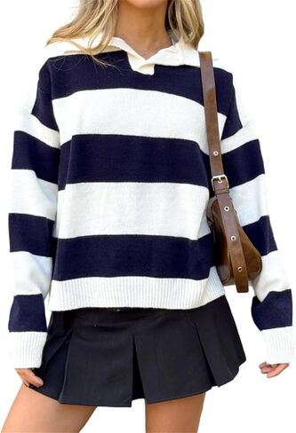 Women Striped Rugby Sweater Y2k Lapel Polo V Neck Long Sleeve Stripes Knit Pullover Tops Vintage Oversized Jumper in Saudi Arabia