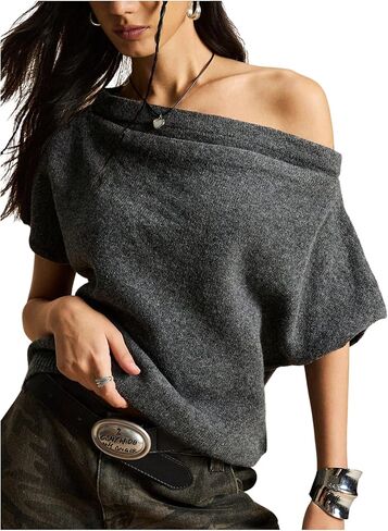 MakeMeChic Women's Off The Shoulder Sweater Asymmetrical Tops Y2k Short Sleeve Knit Going Out Tops in Saudi Arabia