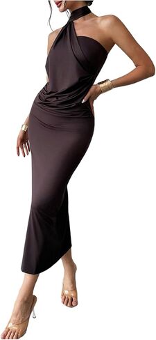 GORGLITTER Women's Halter Neck Bodycon Midi Dress Cocktail Off Shoulder Asymmetrical Sleeveless Maxi Dress with Scarf in Saudi Arabia