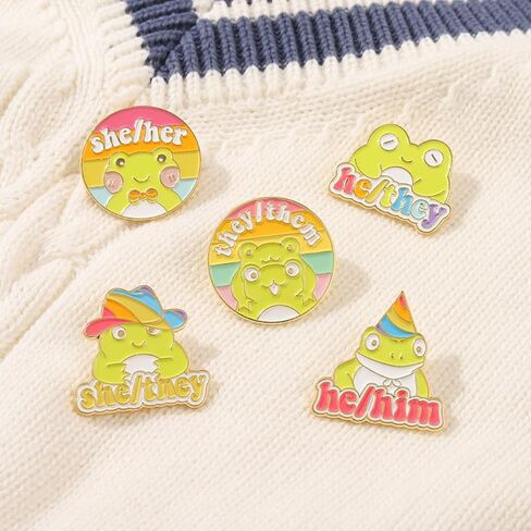 5 Pcs LGBT Pronouns Cute Frog Enamel Pins Brooch - Gender Identity Bulk Pins for Pride Parade or Daily Wear - They/Them She/Her He/Him in Saudi Arabia