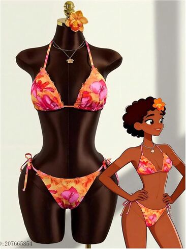 RoseSeek Women's Floral Print Lace Bikini Set Tie Backless Cheeky Bathing Suit String Triangle Swimsuit in Saudi Arabia