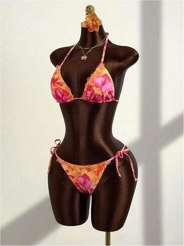 RoseSeek Women's Floral Print Lace Bikini Set Tie Backless Cheeky Bathing Suit String Triangle Swimsuit in Saudi Arabia