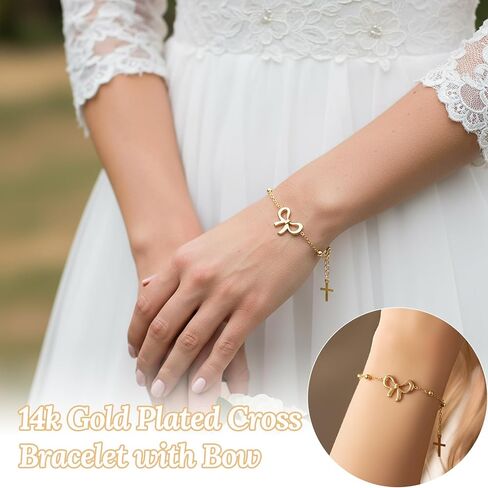 Huquary Gold Cross Bracelet 14k Bow Bracelet Christian Gifts Christian Jewelry for Women Dainty Adjustable Stainless Steel Charm Thin Link Delicate Plated Religious Bracelets Easter Baptism Gifts in Saudi Arabia