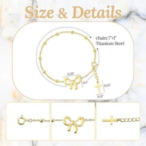 Huquary Gold Cross Bracelet 14k Bow Bracelet Christian Gifts Christian Jewelry for Women Dainty Adjustable Stainless Steel Charm Thin Link Delicate Plated Religious Bracelets Easter Baptism Gifts in Saudi Arabia