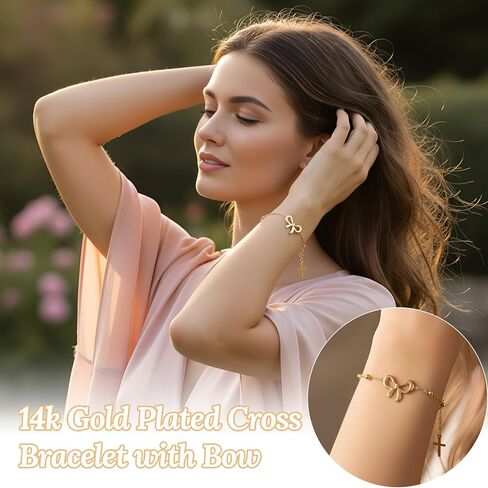 Huquary Gold Cross Bracelet 14k Bow Bracelet Christian Gifts Christian Jewelry for Women Dainty Adjustable Stainless Steel Charm Thin Link Delicate Plated Religious Bracelets Easter Baptism Gifts in Saudi Arabia